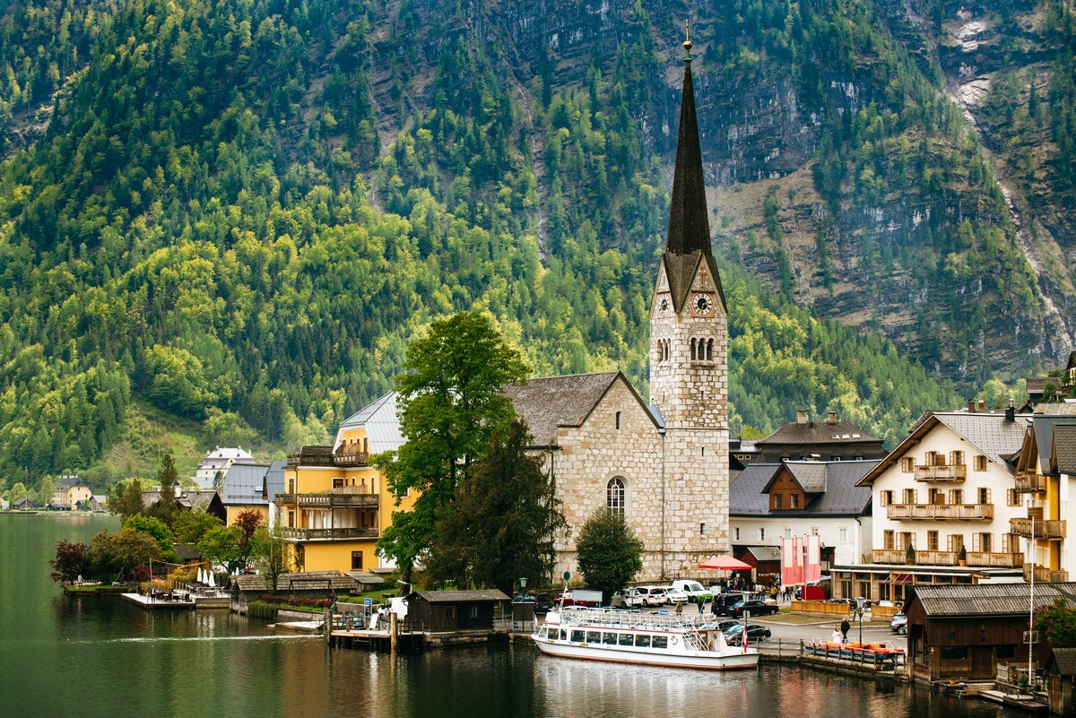 Beautiful view of Evangelical church and mountain village in Hallstatt